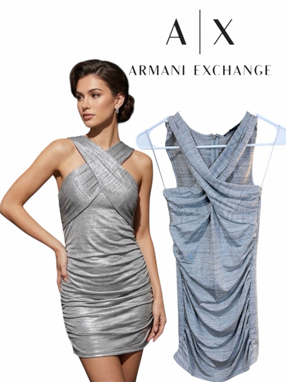 Armani Exchange Metallic Silver Cross-Front Ruched Mini Dress size Small Petite
